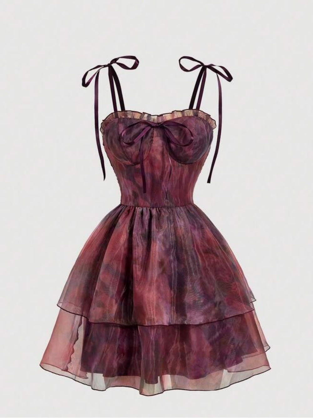 Tie-Shoulder Velvet Watercolor Mini Dress in Plum